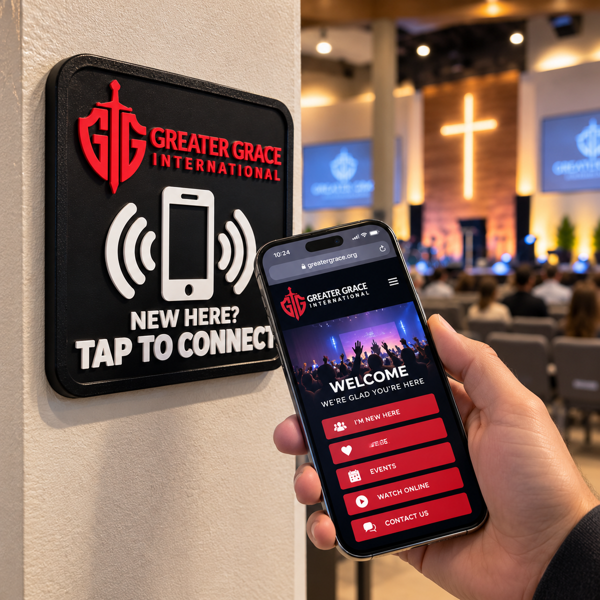 Custom NFC Church Welcome Sign 13 x 13 cm | Personalized Tap to Connect Wall Plaque