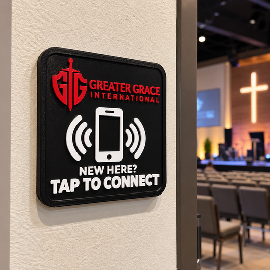Custom NFC Church Welcome Sign 13 x 13 cm | Personalized Tap to Connect Wall Plaque
